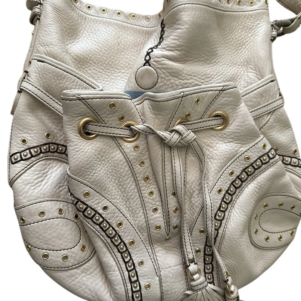 Cole Haan Village Grommet Off White Leather Studded Hobo Shoulder Bag - Picture 4 of 8